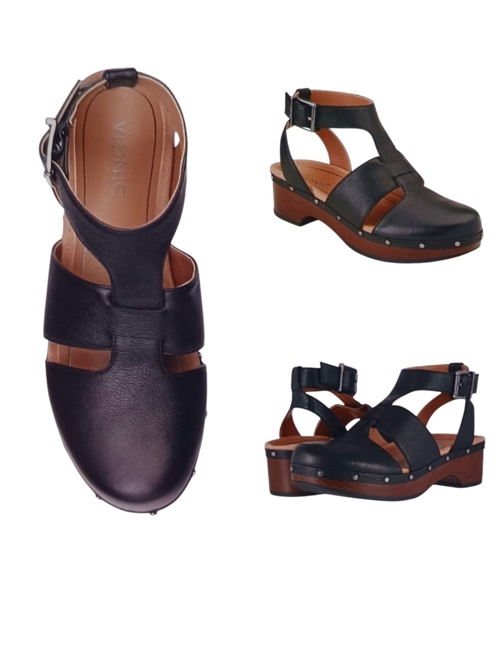 Vionic Faye Black Leather Faux Wood Platform Clog Sandals